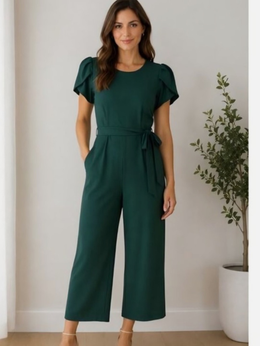 Calvin Klein Forest Green Short-Sleeve Belted Jumpsuit